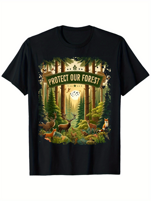 Men's Graphic T-Shirt Protect Our Forest Majestic Deer Standing In Lush Green Pine Woodland