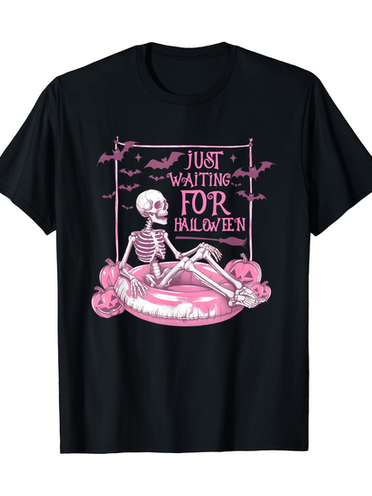Men's Graphic T-Shirt Just Waiting For Halloween Pink Skeleton Lounge Pool Scene