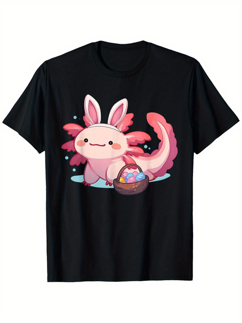 Men's Graphic T-Shirt Fantasy Pink Creature With Bunny Ears Holding Easter Basket Axolotl