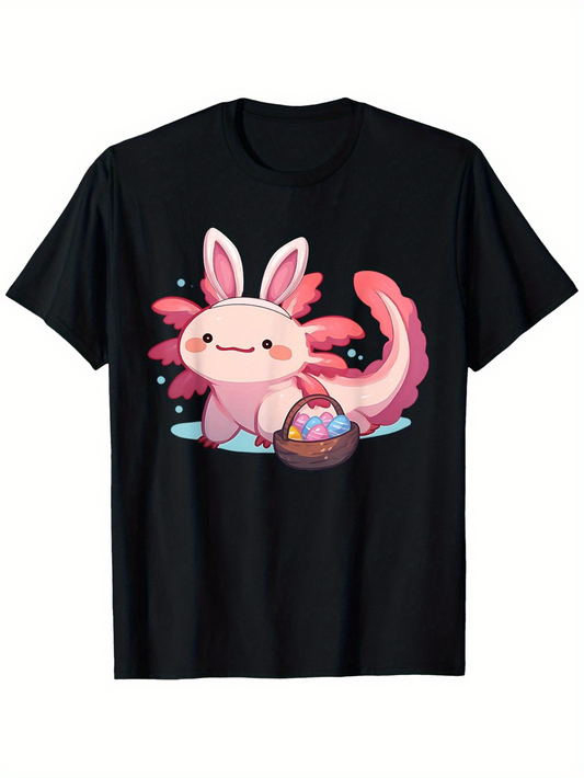 Men's Graphic T-Shirt Fantasy Pink Creature With Bunny Ears Holding Easter Basket Axolotl