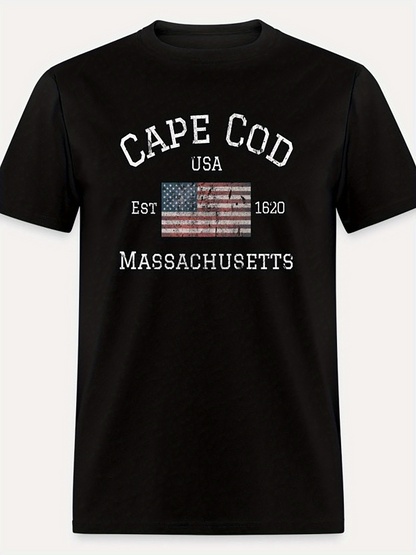 Men's Graphic T-Shirt Cape Cod American Flag With Historic Coastal Massachusetts Lettering