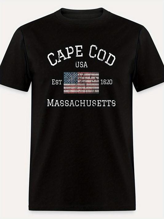 Men's Graphic T-Shirt Cape Cod American Flag With Historic Coastal Massachusetts Lettering
