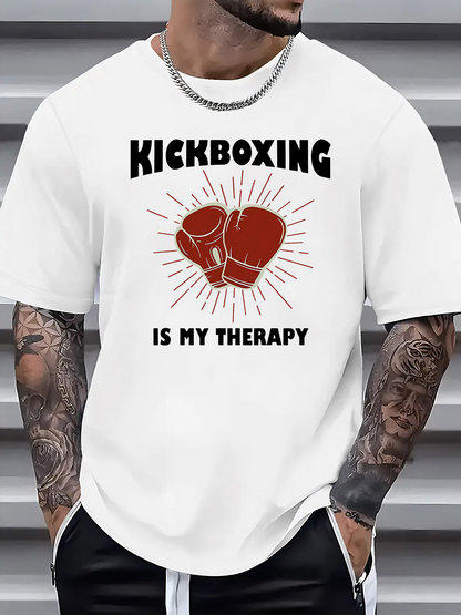 Men's Graphic T-Shirt Kickboxing Is My Therapy Bold Red Gloves Surrounded By Sunburst Lines Graphic
