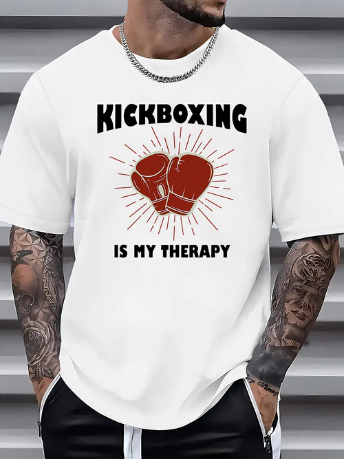 Men's Graphic T-Shirt Kickboxing Is My Therapy Bold Red Gloves Surrounded By Sunburst Lines Graphic