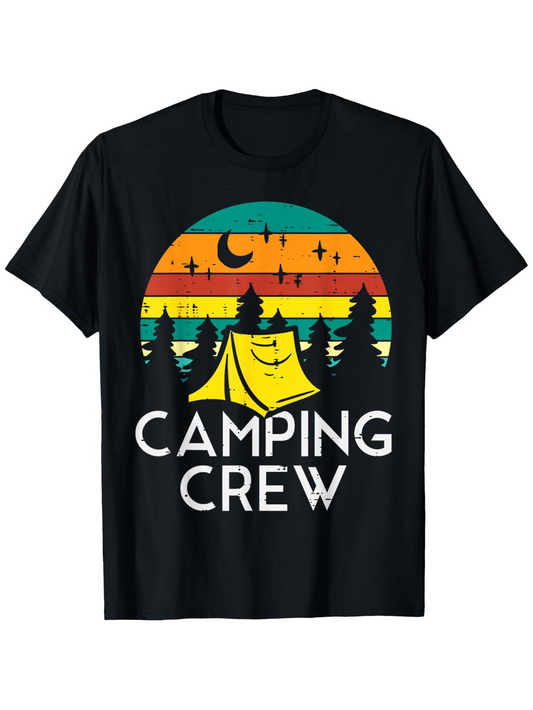 Men's Graphic T-Shirt Camping Crew Under Colorful Sunset Sky With Trees And Tent