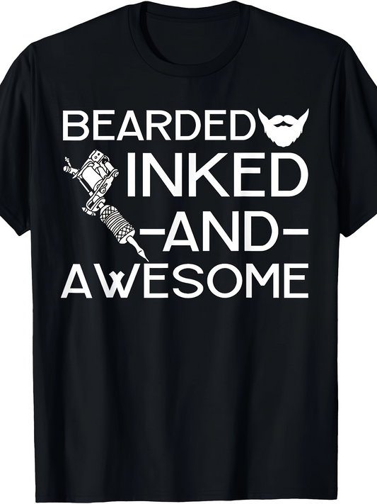 Men's Graphic T-Shirt Bearded Inked And Awesome With Tattoo Machine Illustration Beard Icon