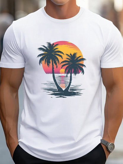 Men's Graphic T-Shirt Golden Sunset Reflected On Water With Palms At Tranquil Beach