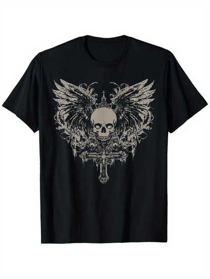 Men's Graphic T-Shirt Dark Gothic Wings With Ornate Patterns Behind Malevolent Skull
