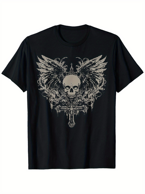 Men's Graphic T-Shirt Dark Gothic Wings With Ornate Patterns Behind Malevolent Skull