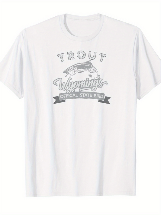 Men's Graphic T-Shirt Trout Jumping Over River With Wyoming State Banner Fish