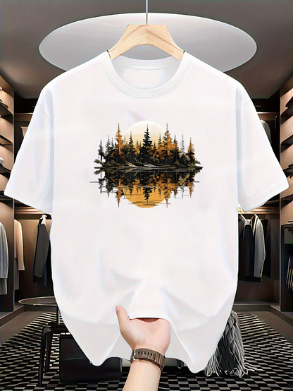 Men's Graphic T-Shirt Golden Sunset Reflections In Serene Forest With Tranquil Water Trees