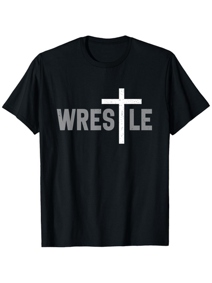 Men's Graphic T-Shirt Bold White Cross Among Lettering Wrestle Shirt