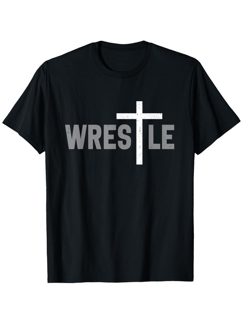 Men's Graphic T-Shirt Bold White Cross Among Lettering Wrestle Shirt