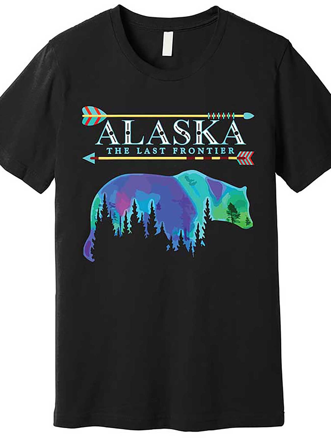Men's Graphic T-Shirt Alaska The Last Frontier Colorful Bear With Pine Forest Silhouette
