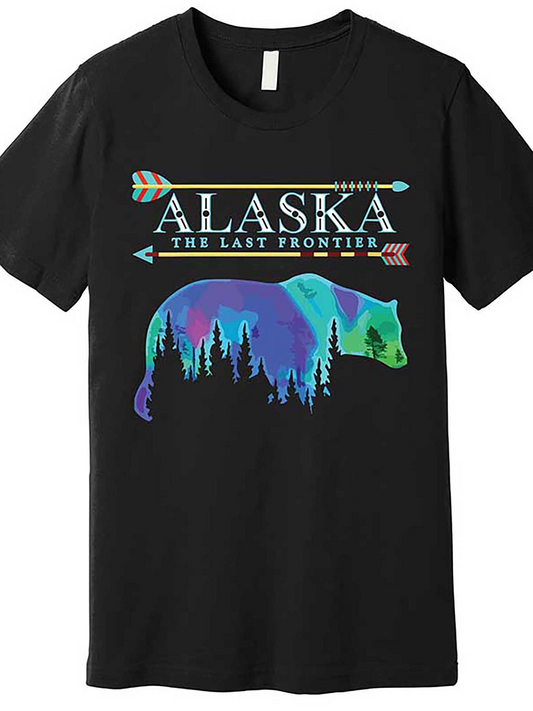 Men's Graphic T-Shirt Alaska The Last Frontier Colorful Bear With Pine Forest Silhouette