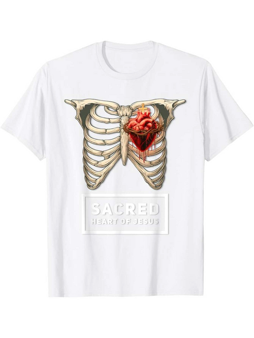 Men's Graphic T-Shirt Sacred Heart Of Jesus Surrounded By Anatomical Rib Cage Graphic