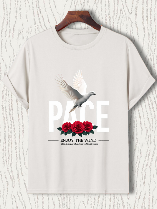 Men's Graphic T-Shirt Peace Dove With Red Roses Flying Over Bold Letters
