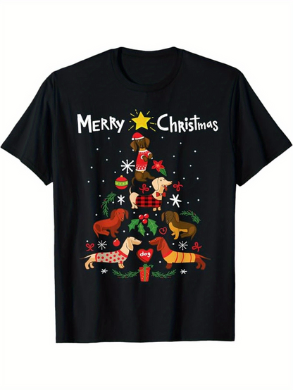 Men's Graphic T-Shirt Merry Christmas Playful Dogs Forming A Festive Decorated Christmas Tree