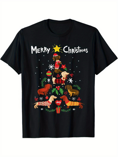 Men's Graphic T-Shirt Merry Christmas Playful Dogs Forming A Festive Decorated Christmas Tree