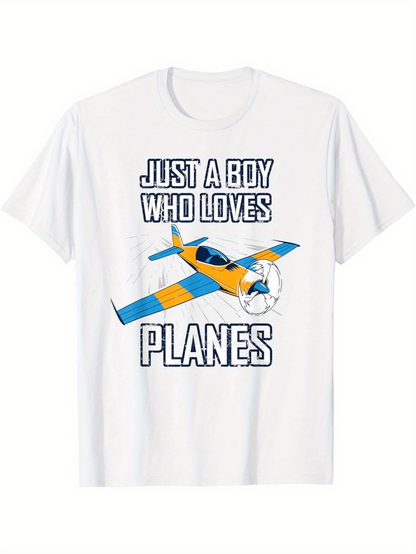 Men's Graphic T-Shirt Just A Boy Who Loves Flying Among Colorful Cartoon Style Airplane