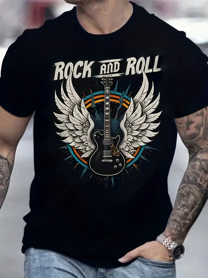 Men's Graphic T-Shirt Rock And Roll Electric Guitar With Colorful Wings Surrounded By Radiant Bursts