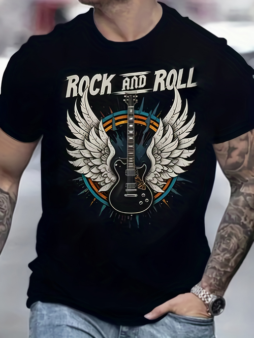 Men's Graphic T-Shirt Rock And Roll Electric Guitar With Colorful Wings Surrounded By Radiant Bursts
