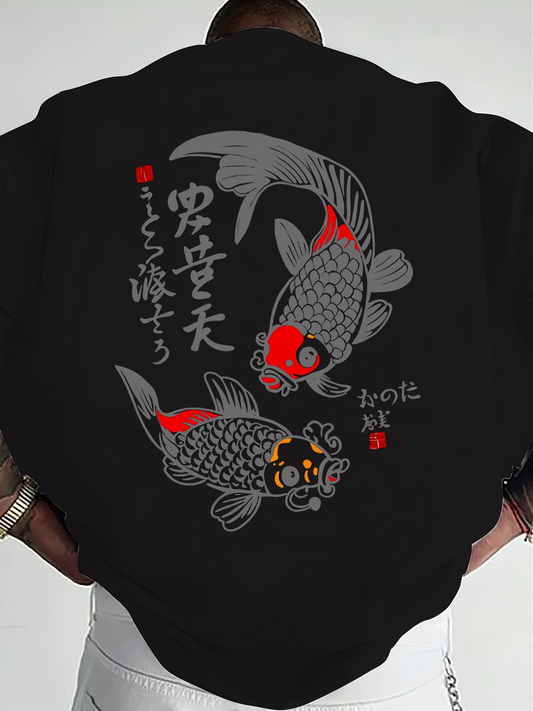 Men's Graphic T-Shirt Traditional Japanese Style With Red Gray Patterned Koi Fish