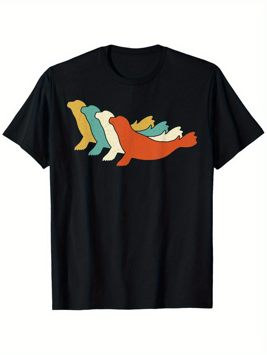 Men's Graphic T-Shirt Vintage Colorful Silhouettes Overlapping Playful Relaxed Seal