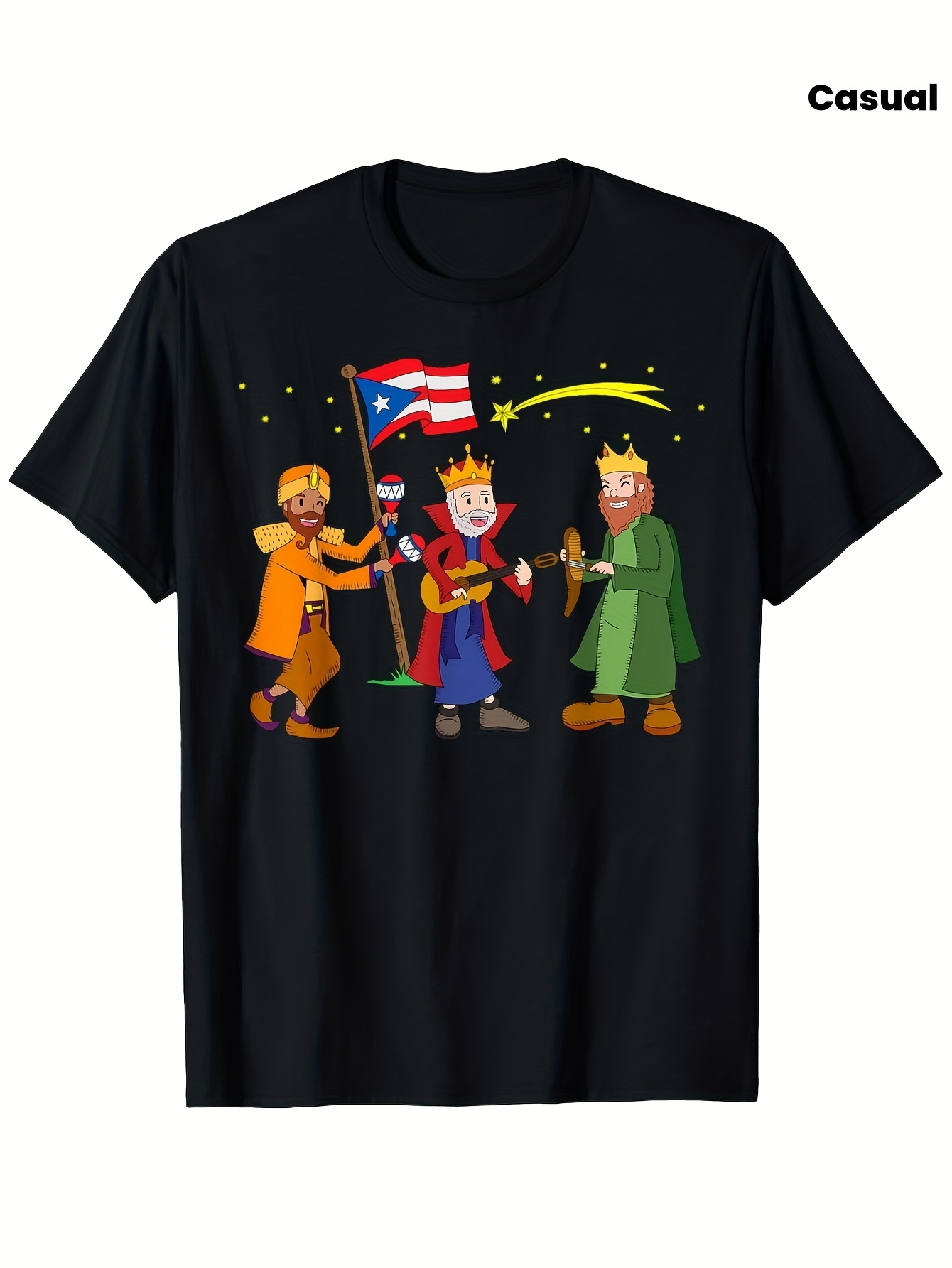 Men's Graphic T-Shirt Colorful Night Sky With Three Cartoon Kings Holding Puerto Rican Flag