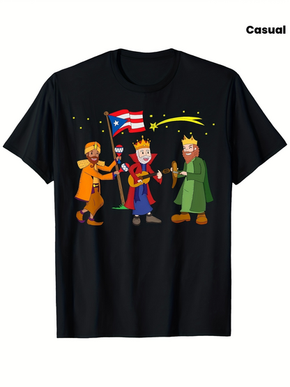 Men's Graphic T-Shirt Colorful Night Sky With Three Cartoon Kings Holding Puerto Rican Flag