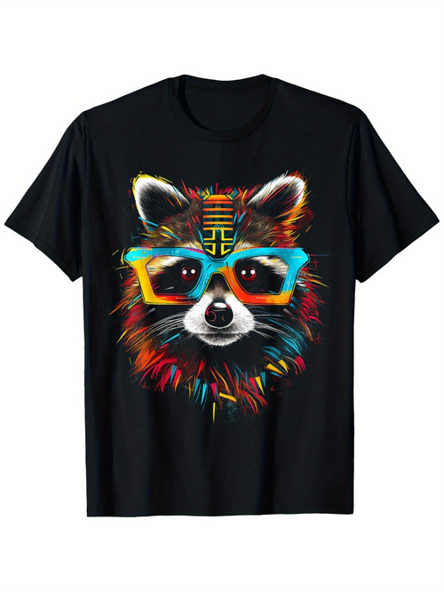 Men's Graphic T-Shirt Vibrant Neon Colors With Funky Sunglasses On Playful Raccoon