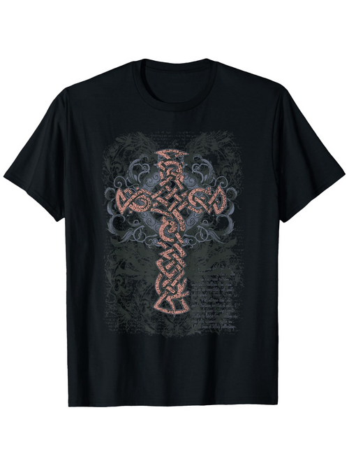 Men's Graphic T-Shirt Ancient Celtic Motifs Swirling Among Floral Inspired Patterns Cross