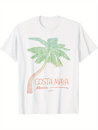 Men's Graphic T-Shirt Costa Maya Mexico With Pastel Palm Tree On White Tee