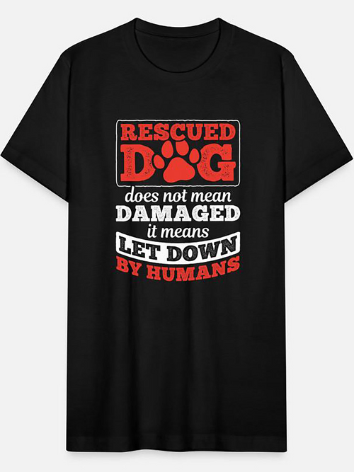 Men's Graphic T-Shirt Rescued Dog Bold Red Lettering With Paw Print Centered On Shirt