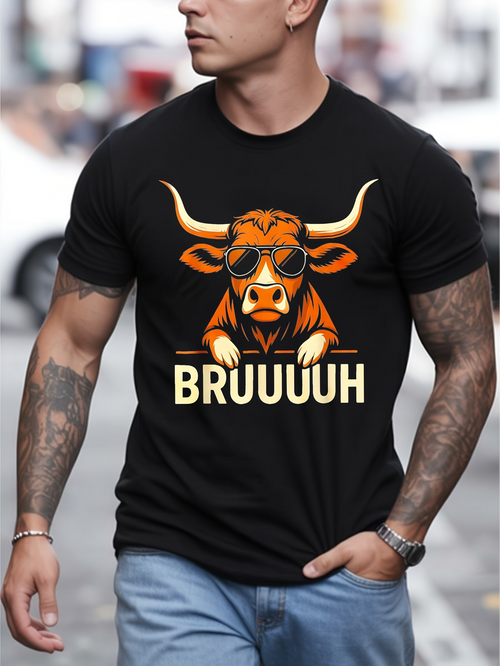 Men's Graphic T-Shirt Bruuuuh Cartoon Sunglasses Bull Surrounded By Urban Street Style
