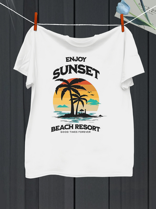 Men's Graphic T-Shirt Enjoy Sunset With Golden Summer Beach And Palm Trees