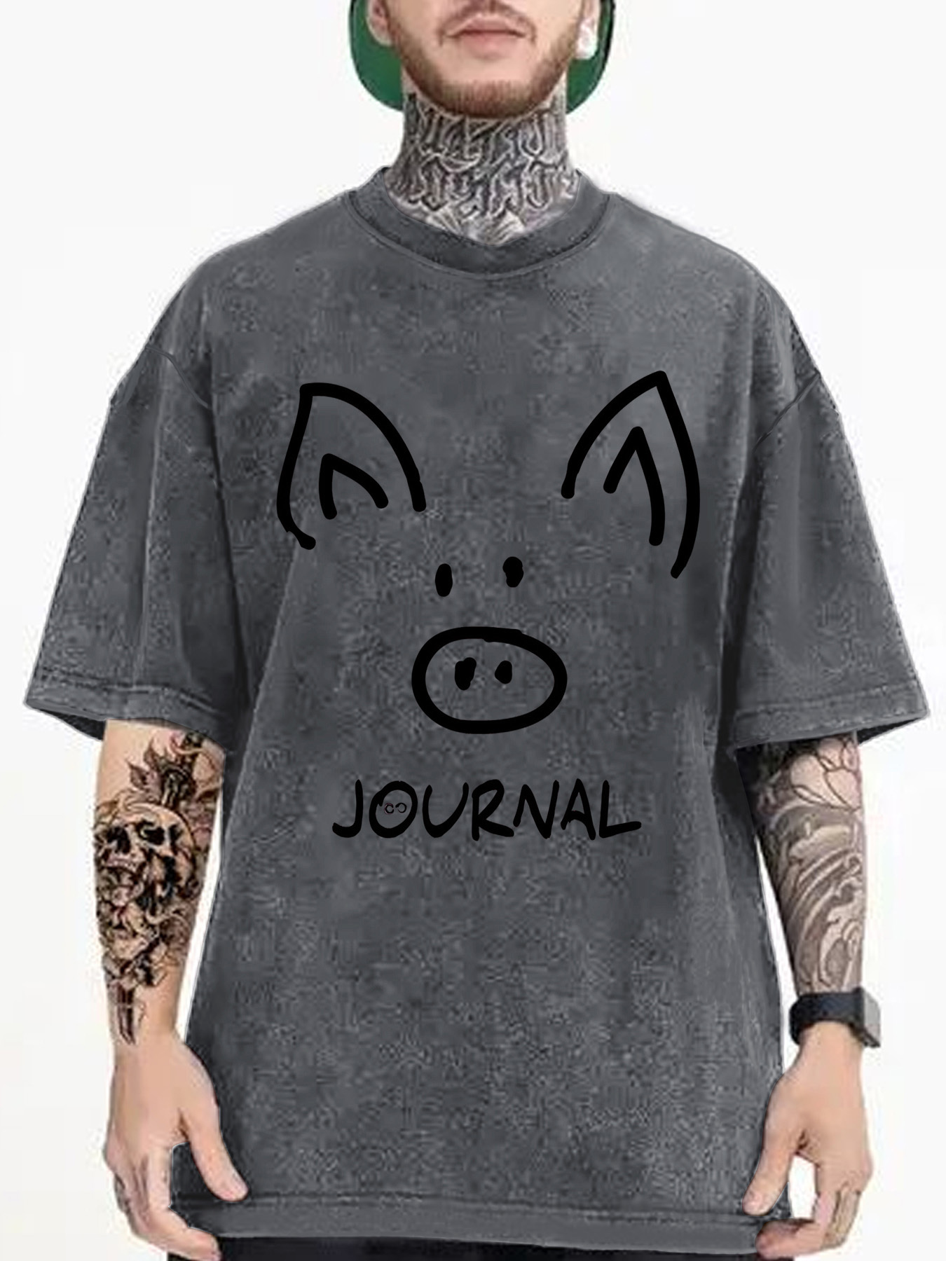 Men's Graphic T-Shirt Journal Minimalistic Pig Face Line Drawing On Faded Cotton T Shirt