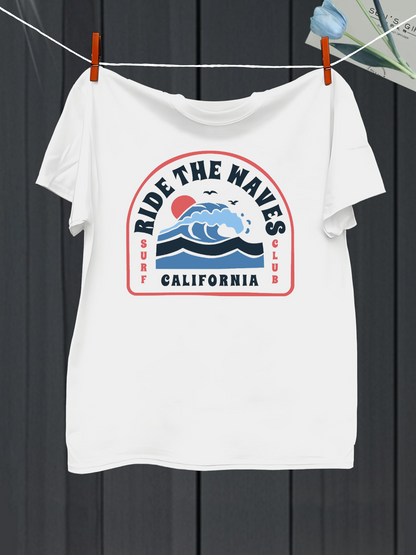 Men's Graphic T-Shirt Ride The Waves California With Sunset Surf Ocean Wave