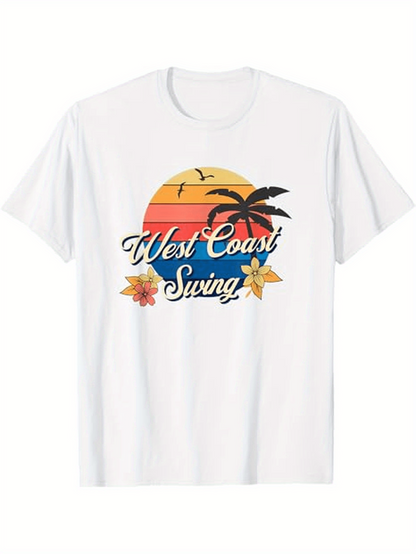 Men's Graphic T-Shirt West Coast Swing Sunset With Palm Trees Seagulls And Tropical Flowers