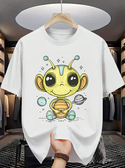 Men's Graphic T-Shirt Playful Cartoon Alien With Stars Among Floating Planets Spacesuit Creature
