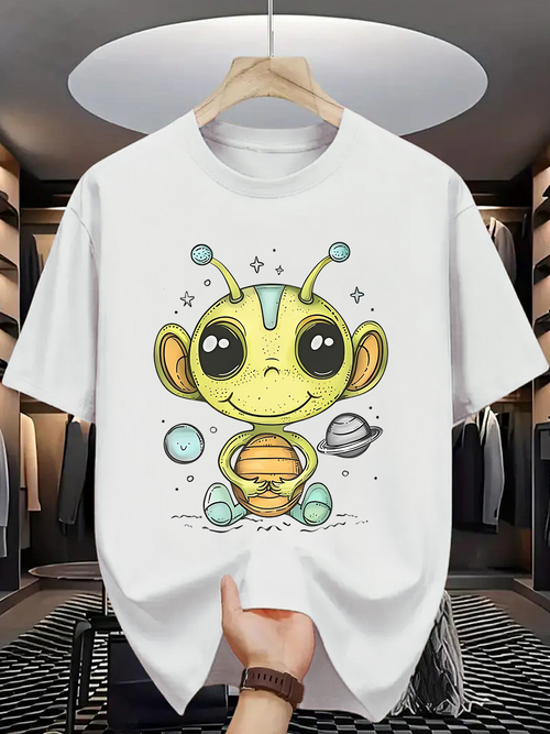 Men's Graphic T-Shirt Playful Cartoon Alien With Stars Among Floating Planets Spacesuit Creature