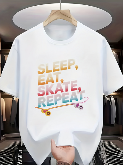 Men's Graphic T-Shirt Sleep Eat Skate Repeat Colorful Words With Small Rolling Skateboard