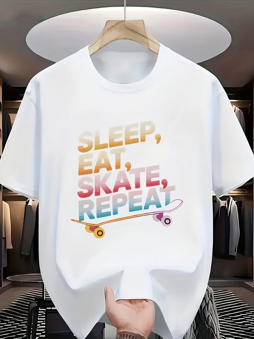 Men's Graphic T-Shirt Sleep Eat Skate Repeat Colorful Words With Small Rolling Skateboard