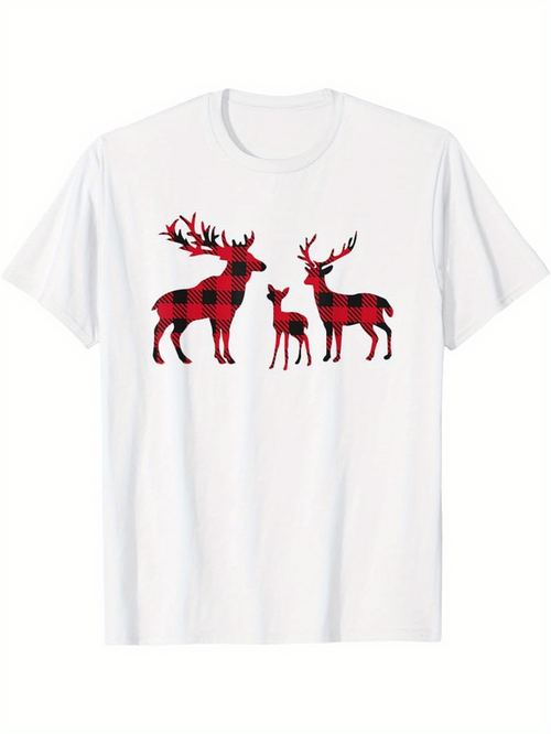 Men's Graphic T-Shirt Buffalo Plaid Pattern With Grazing Family Of Reindeer