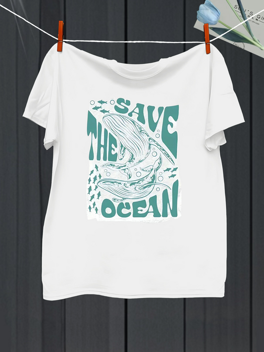 Men's Graphic T-Shirt Save The Ocean Whale With Flowing Water Surrounded By Tiny Bubbles