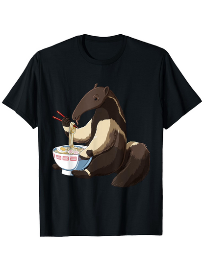 Men's Graphic T-Shirt Cartoon Anteater Enjoying Hot Ramen With Chopsticks Bowl