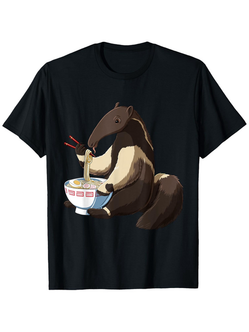 Men's Graphic T-Shirt Cartoon Anteater Enjoying Hot Ramen With Chopsticks Bowl