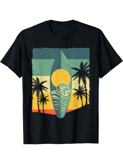 Men's Graphic T-Shirt Retro Sunlight Waves With Palm Trees And Surfer Surfboard