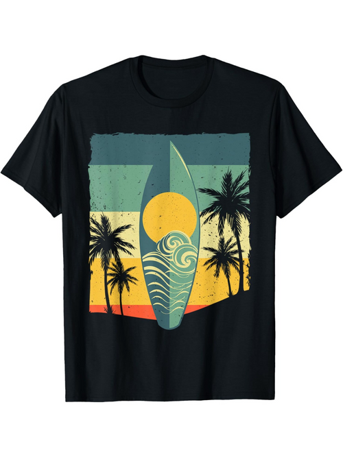 Men's Graphic T-Shirt Retro Sunlight Waves With Palm Trees And Surfer Surfboard