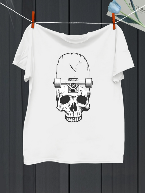 Men's Graphic T-Shirt Hand Drawn Monochrome Skull With Skateboard Helmet Fusion Skull